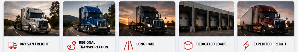 Dry van freight, regional transportation, long haul, dedicated loads, and expedited freight equipment